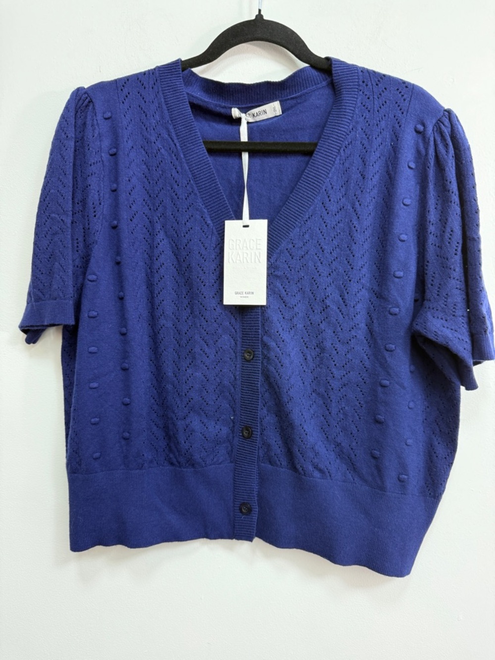 Grace Karin Royal Blue Short-Sleeve Knit Cardigan with Dot Texture